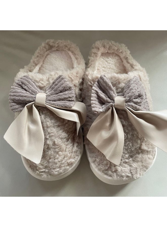 shein 2pcs Women's Plush Lined Warm Slippers, Cute Bow Design, Memory Foam House Slippers, Thick Fluffy Indoor Slippers for women